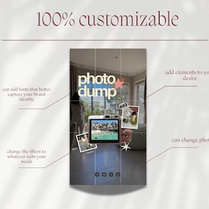 May include: A digital photo display with the text "photo dump" in a stylized font. The image shows a screen with a beach scene, surrounded by small photos and text indicating customization options, including fonts, filters, and elements. The words "100% customizable" are at the top.