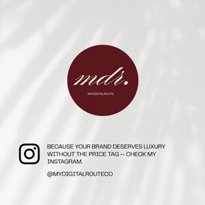 Puede incluir: Un c&iacute;rculo burdeos con las letras "mdr." en escritura blanca, con el texto "MYDIGITALROUTE" debajo. Debajo hay un logotipo de Instagram y el texto "BECAUSE YOUR BRAND DESERVES LUXURY WITHOUT THE PRICE TAG - CHECK MY INSTAGRAM. @MYDIGITALROUTECO."