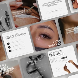 Könnte beinhalten: Eine Collage aus Bildern, die Lash-Trainingskurse bewerben. Die Bilder zeigen Nahaufnahmen von Augen mit Wimpern, Bürsten und Text, der "Lash Training", "Practice Matters", "Types of Training" und "Möchten Sie ein professioneller Wimpernstylist werden?" lautet.