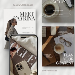 May include: A collage of images with tips for creating social media content. The first image features a woman wearing a brown coat and a magazine with the word "VOGUE" on the cover. The second image shows a cup of coffee, a keyboard, and glasses. The third image features a cup of coffee and the text "PLAN YOUR CONTENT".