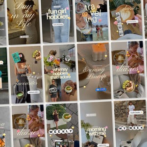 May include: A collection of Instagram story-style images with lifestyle themes. Text overlays include phrases like "Day in my Life," "fun girl hobbies," and "traveling." The images showcase food, drinks, and personal items, all presented with a consistent visual style.