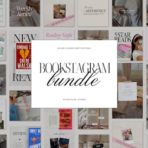 Bookstagram Instagram Bundle with 40 post templates (1080px x 1080px) and 50+ story templates (1080px x 1920px) for Canva. Designed for authors, book bloggers, and book lovers to share reviews, quotes, TBR lists, and launches. Elegant bookish aesthetic with cohesive post and story layouts for a professional literary brand.