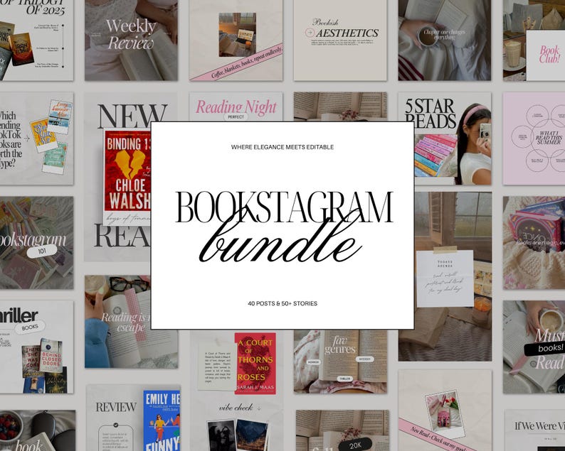 Bookstagram Instagram Bundle with 40 post templates (1080px x 1080px) and 50+ story templates (1080px x 1920px) for Canva. Designed for authors, book bloggers, and book lovers to share reviews, quotes, TBR lists, and launches. Elegant bookish aesthetic with cohesive post and story layouts for a professional literary brand.