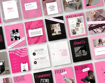 May include: A collection of pink and black social media templates with white text. The templates include phrases like "About Collections", "Services?", "Do This, Not That", and "Branding Matters". Some templates have images.