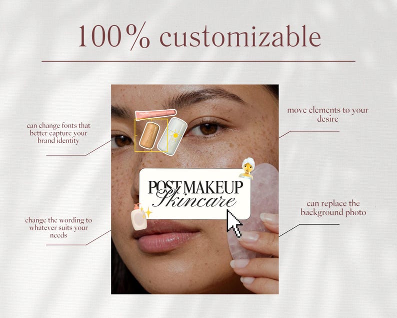 May include: A digital template graphic featuring the text 100% customizable and Post Makeup Skincare. The design includes a close-up of a face with a pink gua sha tool, various small skincare product icons, and instructional text labels.