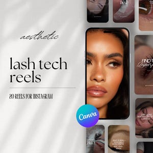 Może przedstawiać: Kolaż obrazów promujących przedłużanie rzęs. Obrazy przedstawiają zbliżenia oczu z rzęsami, nakładki tekstowe, takie jak "Znajdź idealne rzęsy" i "Niech Twoje rzęsy mówią same za siebie", oraz logo Canva. Tekst "aesthetic lash tech reels 20 reels for Instagram" również jest uwzględniony.