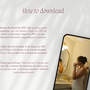 May include: A smartphone displays a bathroom scene with a person drinking from a cup. The image is framed by text that reads "How to download" and instructions for accessing templates. The background is a light beige.
