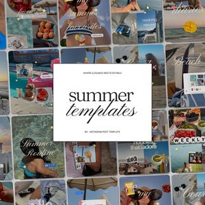 Könnte beinhalten: Eine Collage von Instagram-Post-Vorlagen zum Thema Sommer. Das zentrale Bild zeigt die Worte "summer templates" in eleganter Schrift. Umgebende Bilder zeigen Strandszenen, Essen und Lifestyle-Elemente mit Textüberlagerungen wie "Beach" und "Summer Routine".