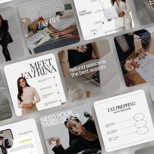 May include: A collection of square graphics with text and images related to tax preparation. The graphics feature phrases like "taxes on fleek," "tax tips," and "refund season is the best season." Images include people working on laptops and documents.