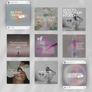 Op de afbeelding: Een verzameling van negen Instagram-posts met een zachte, etherische esthetiek. Elke post bevat tekst over zelfzorg, intuïtie en affirmaties, zoals "Hoe je je intuïtie kunt vertrouwen" en "Zelfzorg". Het kleurenpalet bevat pasteltinten van blauw, roze en paars.