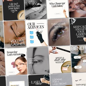 May include: A grid of social media posts advertising lash services. The posts display text such as "Keep calm and get your lashes done" and "Types of Lash Services." Images include close-ups of eyes with lash extensions, lash tools, and service descriptions.