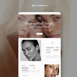 May include: A website mockup showcasing a skincare brand's homepage. The design includes images of diverse faces, with text reading "Skincare Made Simple, for Every Ritual" and "Skincare That Puts Purity First."