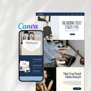 Puede incluir: Un diseño de marketing digital con un teléfono inteligente que muestra un diseño de Canva "Stay In The Loop" y un sitio web con el texto "Branding That Takes You Next Level". La imagen también incluye el texto "Meet Your Social Media Strategist".
