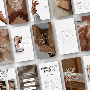 May include: A series of cards detailing information about permanent jewellery. The cards include text, diagrams, and images of jewellery. Some cards have text that reads "Why permanent jewellery is perfect for everyday wear" and "Gold or silver? Elevate your everyday."