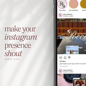 May include: A smartphone screen displays an Instagram interface with a user's story highlights and a post. The post includes an image with text that says "welcome to my monthly Recap". The left side of the screen has text that says "make your instagram presence shout" and "ORDER NOW".
