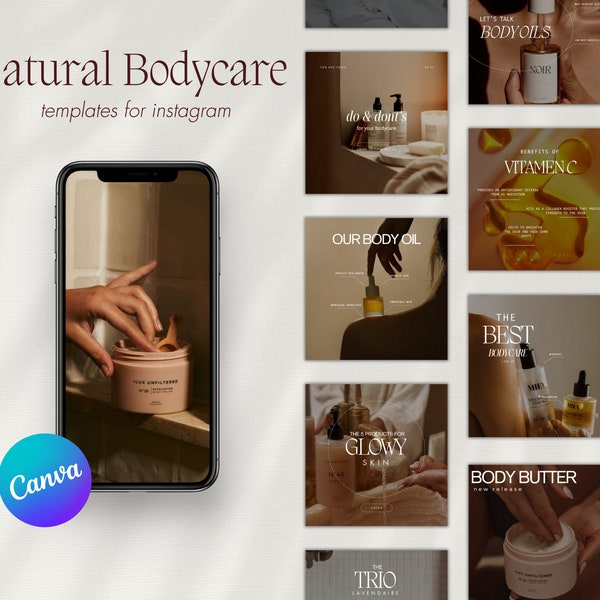 Produits de soins du corps et de la peau : publications Instagram pour les chefs d'entreprise, médias sociaux dans le domaine des soins de la peau, modèles Canva pour les soins du corps et de la peau naturels