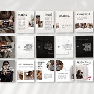 May include: A collection of social media templates with text overlays. The templates feature phrases like "services," "content," "brand," and "coaching." The design incorporates images and text, with a neutral color palette.
