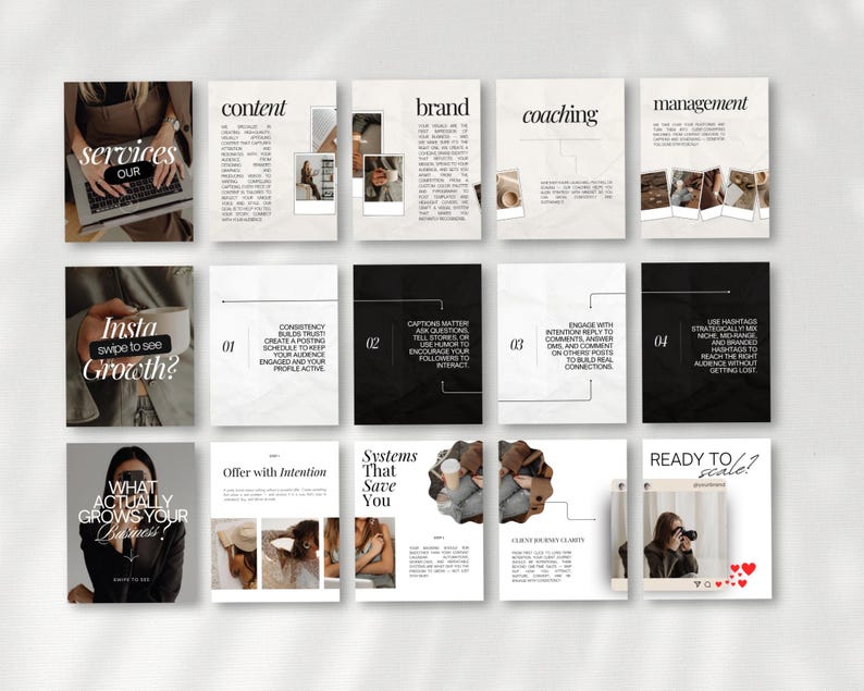 May include: A collection of social media templates with text overlays. The templates feature phrases like "services," "content," "brand," and "coaching." The design incorporates images and text, with a neutral color palette.