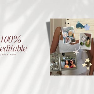 May include: A digital camera with a photo of two women is held in front of a white top. The image is part of a collage with food photos and decorative elements. Text reads "100% editable" and "ORDER NOW".