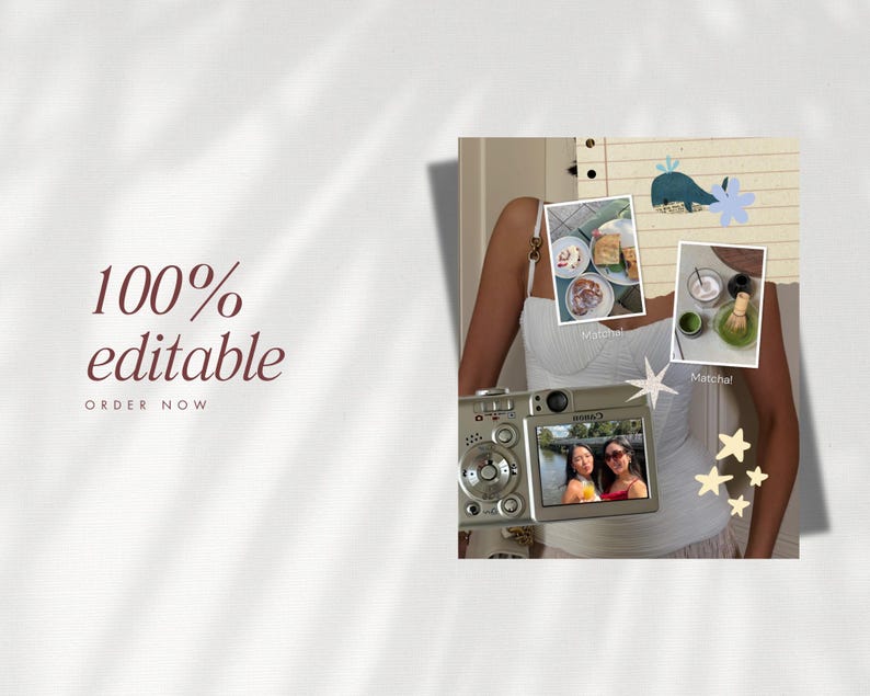 May include: A digital camera with a photo of two women is held in front of a white top. The image is part of a collage with food photos and decorative elements. Text reads "100% editable" and "ORDER NOW".