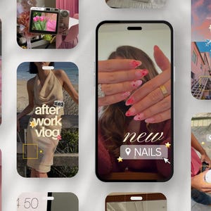 Puede incluir: Una pantalla de smartphone que muestra una publicaci&oacute;n de redes sociales con el texto new NAILS, con un primer plano de manos con u&ntilde;as manicuradas con patrones de corazones rosas, rodeado por un collage de im&aacute;genes y elementos digitales.