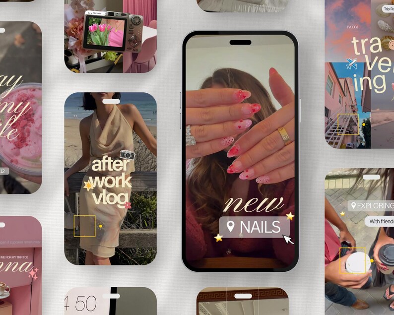 Puede incluir: Una pantalla de smartphone que muestra una publicaci&oacute;n de redes sociales con el texto new NAILS, con un primer plano de manos con u&ntilde;as manicuradas con patrones de corazones rosas, rodeado por un collage de im&aacute;genes y elementos digitales.