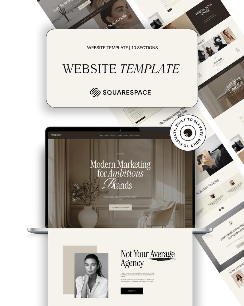 Squarespace website template in a beige chic and elegant design, created for coaches, service-based businesses, and creative agencies. Fully editable layout ideal for entrepreneurs, featuring clean sections, modern typography, and a luxurious neutral color palette.