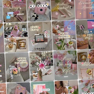 May include: A collage of pink and white images with text overlays. The images feature a pink camera, flowers, and text like "My Week", "Photo Dump", and "Day in my Life". The overall theme suggests a lifestyle blog or social media post.