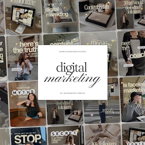Op de afbeelding: Een verzameling Instagram-berichtsjablonen voor digitale marketing met een centrale witte rechthoekige afbeelding met de tekst "WHERE ELEGANCE MEETS EDITABLE digital marketing 30+ INSTAGRAM POST TEMPLATE" omringd door een raster van diverse social media ontwerpen.