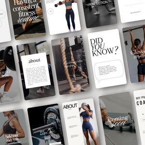 Puede incluir: Una colección de publicaciones en redes sociales con temática de fitness. Las publicaciones presentan imágenes de personas haciendo ejercicio con pesas, haciendo dominadas y posando con ropa deportiva. El texto incluye frases como "Tener una rutina de fitness constante" y "Glow Up on fleek".
