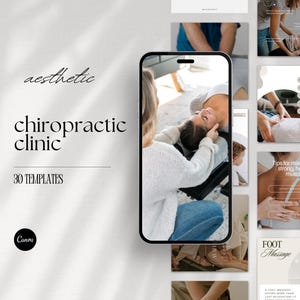 Peut inclure: Un ensemble de 30 modèles Instagram pour une clinique de chiropratique. Les modèles présentent une esthétique minimaliste avec une palette de couleurs neutres de blanc, beige et marron. Les modèles incluent des images d'un chiropraticien ajustant la colonne vertébrale d'un patient, une personne recevant un massage des pieds et du texte sur le maintien de muscles forts et sains.
