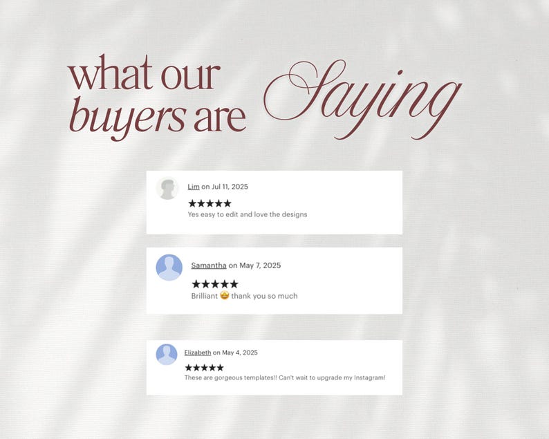 May include: A light beige background with the text "what our buyers are saying" in burgundy script. Below are three customer reviews with five-star ratings. The reviews are in white boxes with the customer's name and date.
