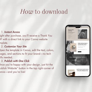 Pu&ograve; includere: Uno smartphone mostra un modello di sito web con il testo "What We Offer" e "Free Resource/Lead Magnet". L'immagine include anche le istruzioni su come scaricare, personalizzare e pubblicare il modello.