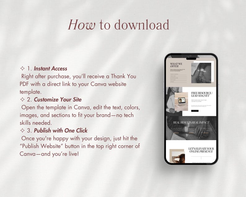 Pu&ograve; includere: Uno smartphone mostra un modello di sito web con il testo "What We Offer" e "Free Resource/Lead Magnet". L'immagine include anche le istruzioni su come scaricare, personalizzare e pubblicare il modello.