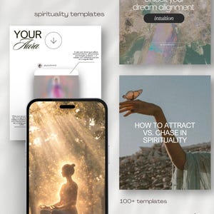 Op de afbeelding: Een verzameling spiritualiteitssjablonen met de tekst "spirituality templates", "YOUR Aura", "dream alignment" en "HOW TO ATTRACT VS. CHASE IN SPIRITUALITY". De afbeelding bevat een telefoon en een hand met een vlinder.