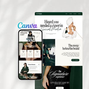 Dark green luxury Canva website template designed for social media managers, UGC creators, and content creators. 1-page landing page with portfolio, services, testimonials, and link in bio style layout. Fully editable, mobile optimized, beginner friendly, instant access.