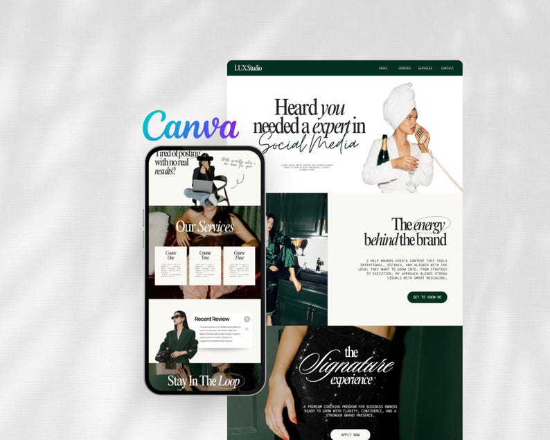 Dark green luxury Canva website template designed for social media managers, UGC creators, and content creators. 1-page landing page with portfolio, services, testimonials, and link in bio style layout. Fully editable, mobile optimized, beginner friendly, instant access.