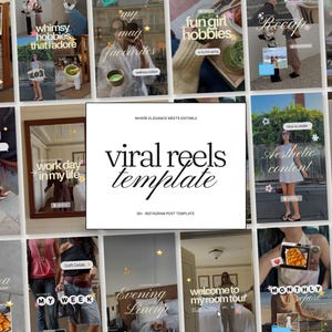 May include: A collection of Instagram post templates with various themes, including "whimsy hobbies that I adore," "my may favorites," and "fun girl hobbies." The central image features the text "viral reels template."