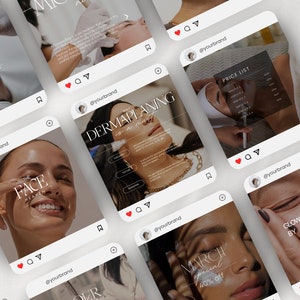 May include: A collage of Instagram posts promoting a beauty salon or spa. The posts feature images of people receiving facial treatments, text about dermaplaning, a price list, and a special offer for the month of March.