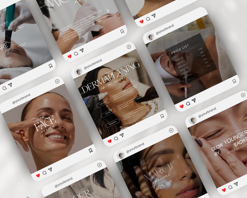 May include: A collage of Instagram posts promoting a beauty salon or spa. The posts feature images of people receiving facial treatments, text about dermaplaning, a price list, and a special offer for the month of March.