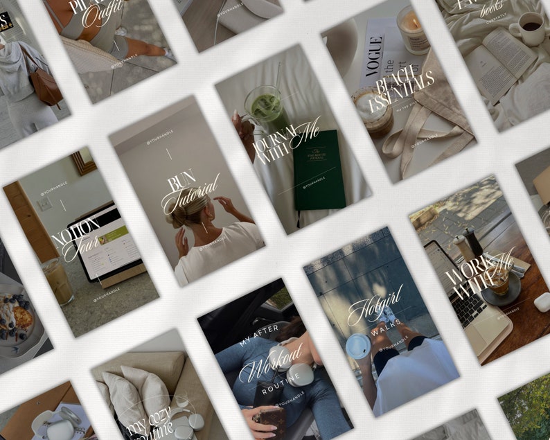 Op de afbeelding: Een collage van afbeeldingen met verschillende lifestyle- en wellnessactiviteiten, waaronder hardlopen, journalen bijhouden, trainen en wandelen. De afbeeldingen zijn in een rasterpatroon gerangschikt en tonen een verscheidenheid aan kleuren en texturen.