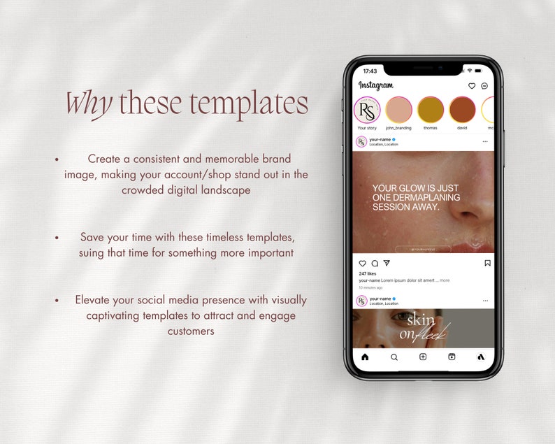 Plantillas para publicaciones de Instagram sobre dermaplaning, redes sociales de clínicas de cuidado de la piel (Canva) imagen 2