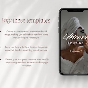 Op de afbeelding: Een zwarte smartphone mockup met een witte achtergrond. Het telefoonscherm toont een afbeelding voor een huidverzorgingsroutine met de tekst "Skincare Routine" en "@YOURHANDLE".