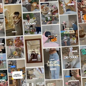 May include: A collection of Instagram-style images with text overlays. Themes include "Day in my Life," "Weekly," "Camera," "Whimsy Hobbies," "Travel," "Diaries," "Work Day," "Fun Girl Hobbies," and "My Week." The images show food, drinks, and lifestyle scenes.