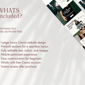 Puede incluir: Un gr&aacute;fico de marketing digital con el texto "WHATS included?" y una lista de funciones, que incluyen un dise&ntilde;o de sitio web de Canva de 1 p&aacute;gina, secciones preconstruidas y optimizaci&oacute;n m&oacute;vil. La imagen tambi&eacute;n muestra maquetas de sitios web.