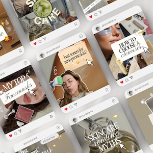 May include: A collection of social media post templates featuring skincare themes with text overlays including Skincare, How to choose a cleanser, My top 5 facemasks, Best toners for acne prone skin, and Skincare routine myths, displayed in a grid layout.