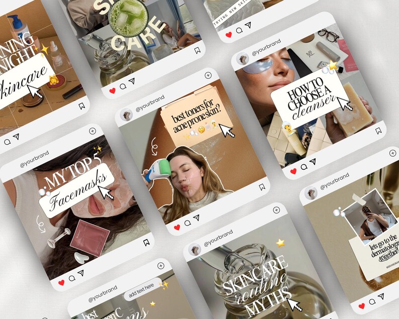 May include: A collection of social media post templates featuring skincare themes with text overlays including Skincare, How to choose a cleanser, My top 5 facemasks, Best toners for acne prone skin, and Skincare routine myths, displayed in a grid layout.