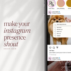 Puede incluir: Una captura de pantalla de una publicaci&oacute;n de Instagram con una foto de un perro Pomerania siendo arreglado. La publicaci&oacute;n es de una empresa llamada "RS" e incluye el texto "best dog haircuts" y una lista de diferentes cortes de pelo para perros. La publicaci&oacute;n tambi&eacute;n incluye el texto "247 likes" y "your-name Lorem ipsum dolor sit amert... more".