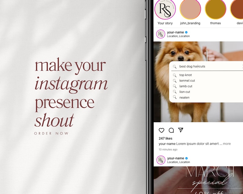 Puede incluir: Una captura de pantalla de una publicaci&oacute;n de Instagram con una foto de un perro Pomerania siendo arreglado. La publicaci&oacute;n es de una empresa llamada "RS" e incluye el texto "best dog haircuts" y una lista de diferentes cortes de pelo para perros. La publicaci&oacute;n tambi&eacute;n incluye el texto "247 likes" y "your-name Lorem ipsum dolor sit amert... more".