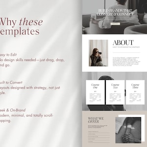 Pu&ograve; includere: Un layout di progettazione di pagine web con il testo "Perch&eacute; questi modelli". La pagina include sezioni intitolate "Facile da modificare", "Costruito per convertire" e "Elegante e di marca". La pagina presenta anche il testo "Costruisci marchi che convertono e connettono" e "Informazioni su".